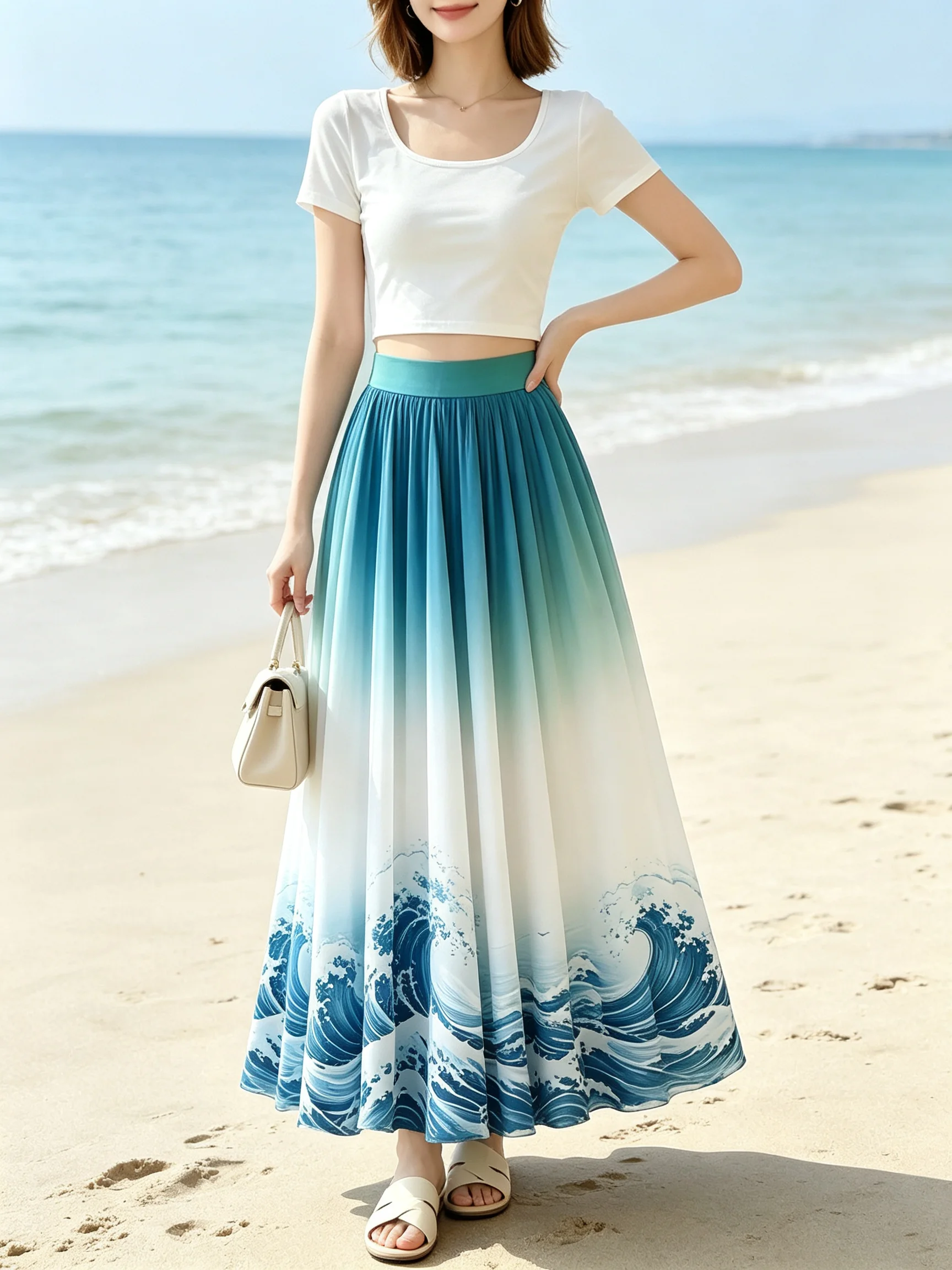 Women Gradient Chiffon Maxi Skirt, Japanese Ukiyo‑e Ocean Wave Print High Waist Pleated Flowy Long Skirt
