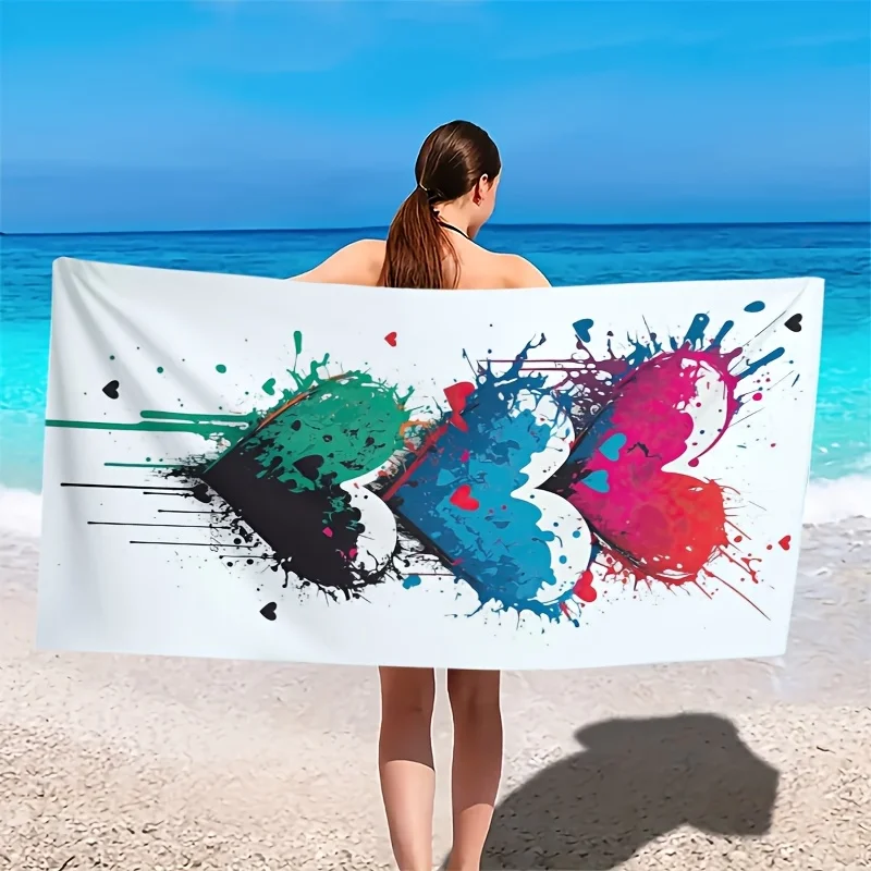 Colorful heart-shaped graffiti design polyester microfiber beach towel is highly absorbent, suitable for swimming beach outings