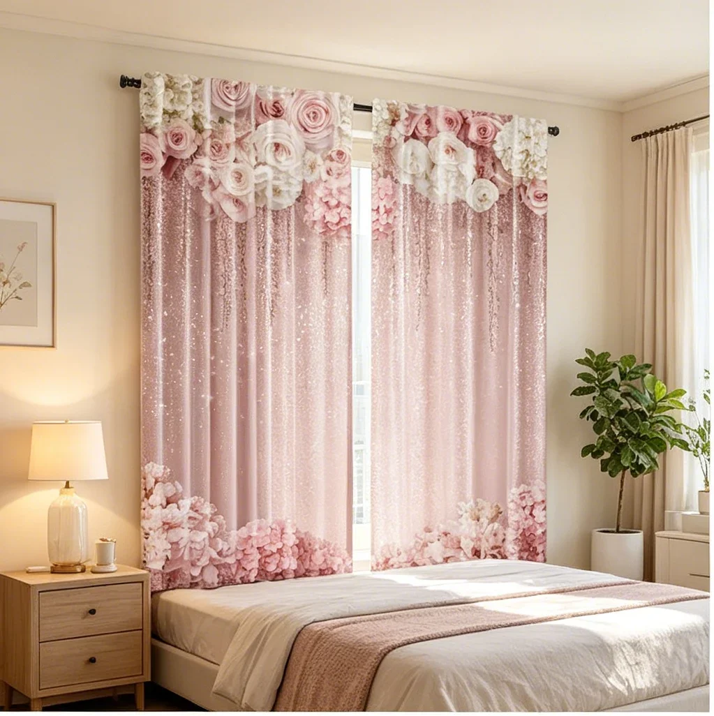 2PCS Digital Printed Curtains, Pink Flower Waterfall Cascading Floral, Rod Pocket Window Drapes for Living Room Bedroom Decor