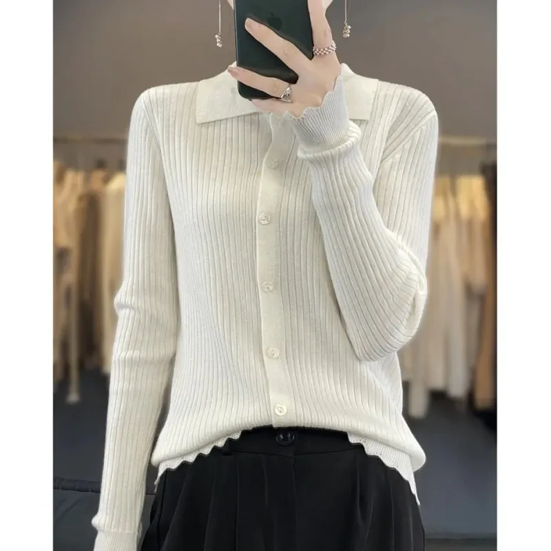 

Fashion lapel lace sleeve cashmere knit cardigan women's spring and autumn slimming wool base coat age reduction long sleeve