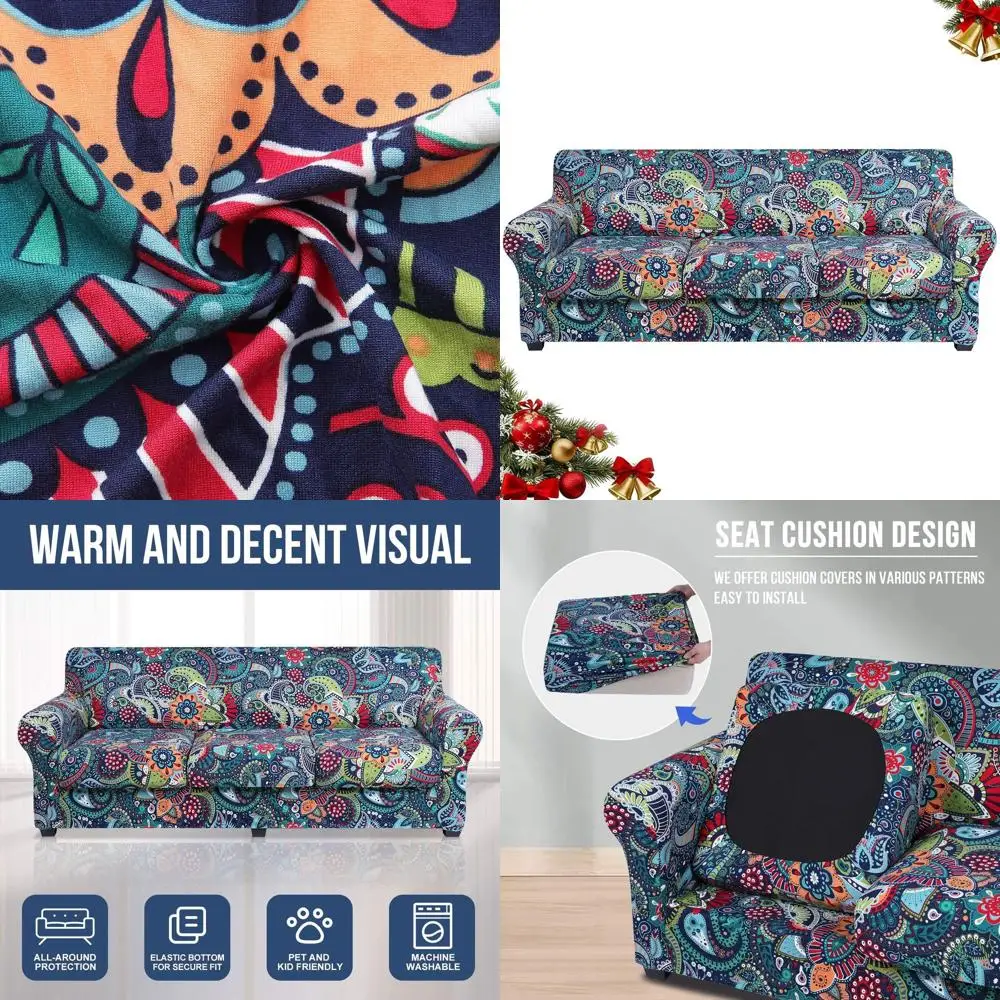 Sarung Sofa Motif Paisley Floral, Set 4 Buah, Dapat Dicuci untuk Sofa 3 Dudukan, Pelindung Furnitur Ramah Hewan Peliharaan