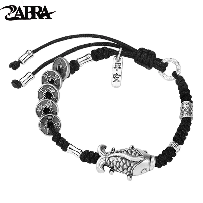 ZABRA 999 Pure Silver Koi Bracelet for Men and Women, Vintage Five Emperors Money, Woven Shore Red Hand Rope