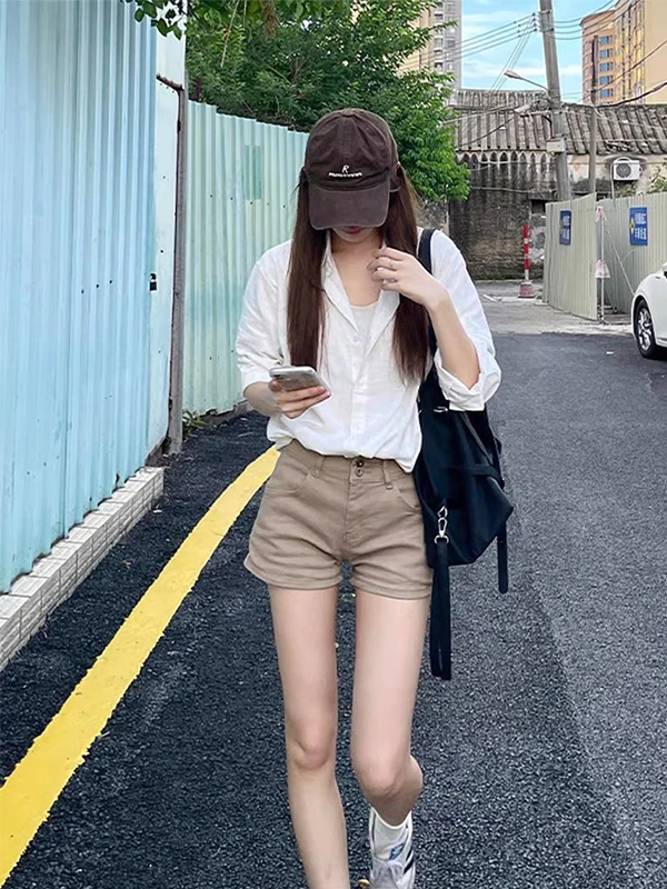 

Khaki Color Slim Fit Denim orts Women's Summer Thin pe Sli Small Size A-Line Arm-Bearing Hot Pants Casual High Waist ...