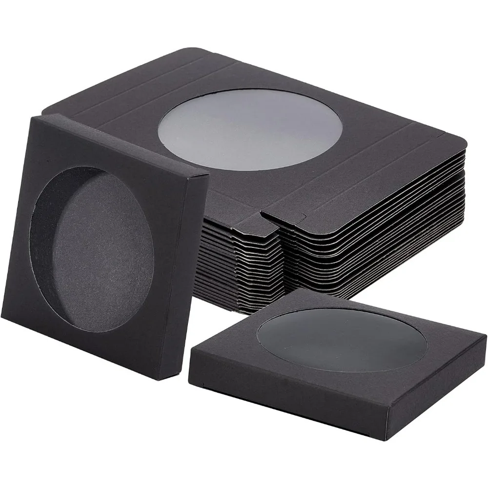 24 Pack Black Kraft Paper Boxes with Clear Window 3.5x3.5x0.6