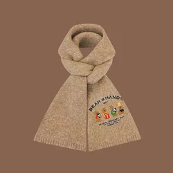 Women's Cozy Containing Wool Bear Embroidery Wool Scarf New Women's Winter Premium Feeling Warm Knitted College Style Scarf Lady