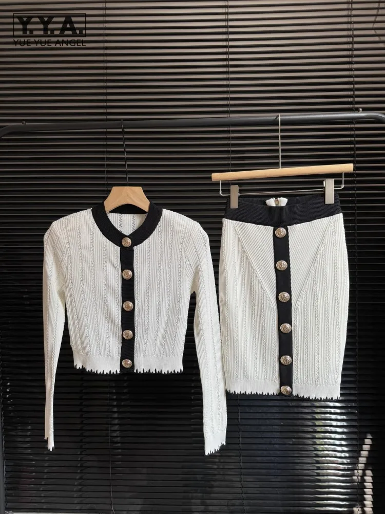 

Elegant Office Ladies Slim Fit Knitted Cardigan Short Top High Waist Wrap Skirt Two Piece Set Women Fashion Autumn Matching Sets