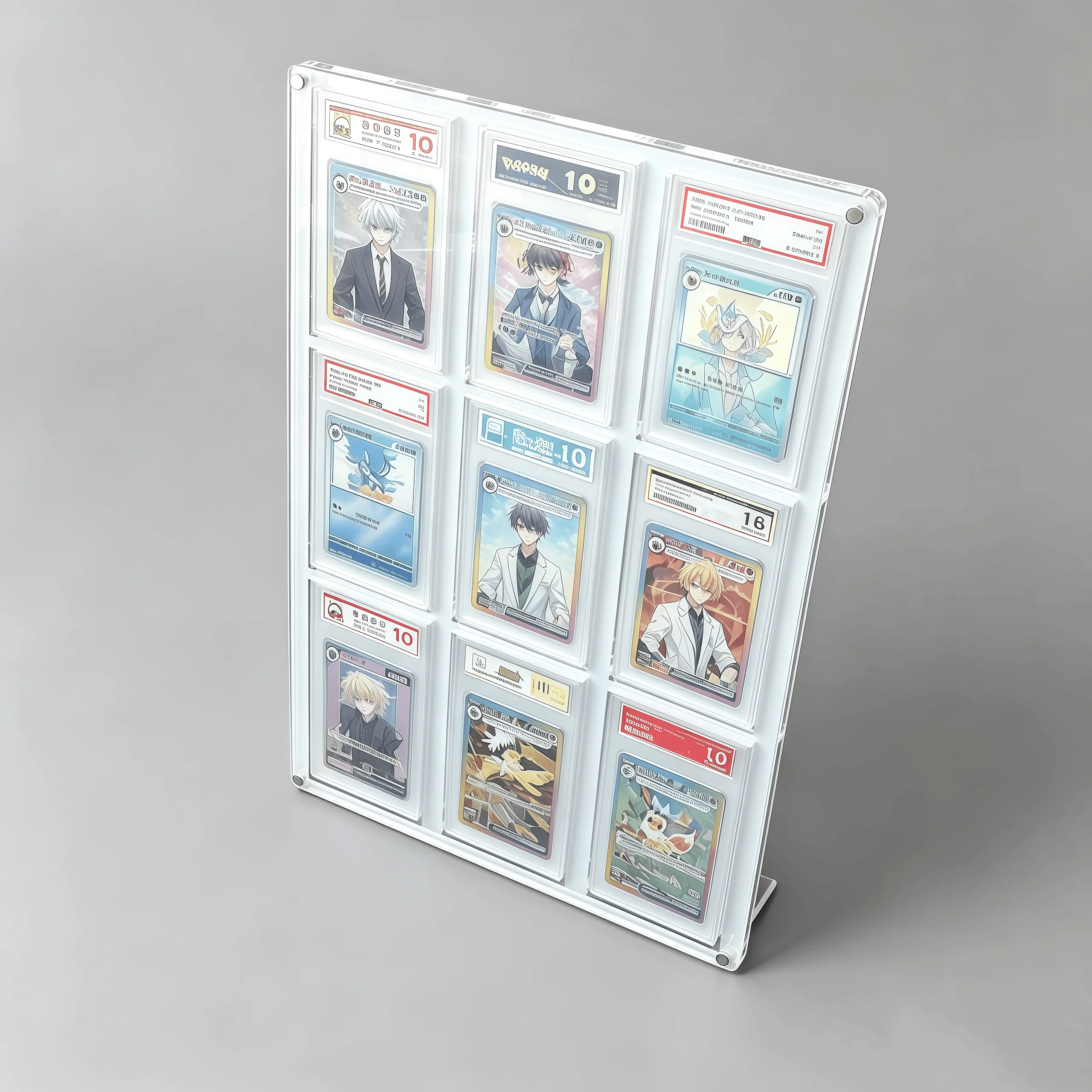 9-Fach Graded Card Stand aus weißem Acryl – Displayhalter für PTCG-Bewertungskarten, Pokémon, Yu-Gi-Oh Sammelkarten mit kristallklaren Kanten