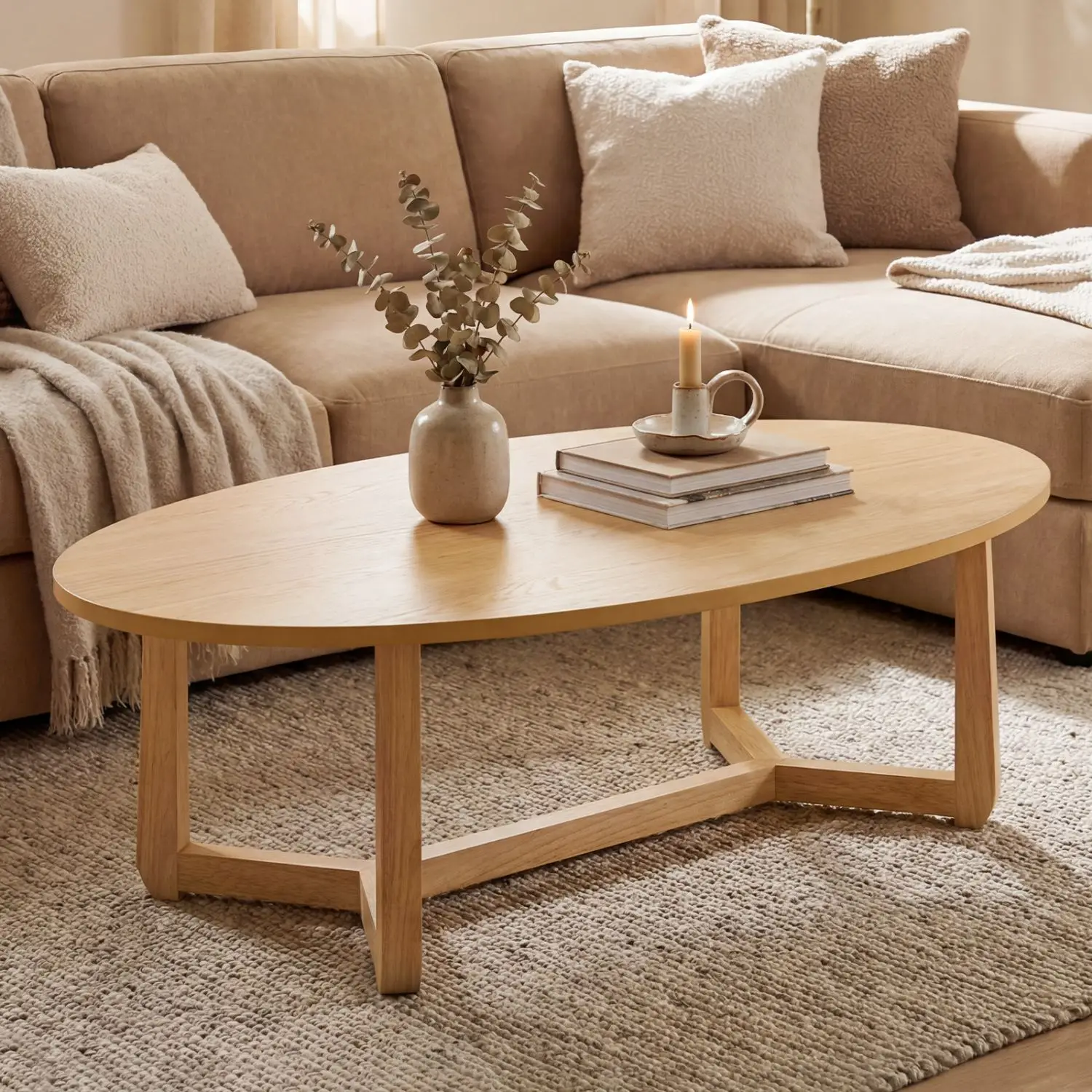 Oval Coffee Table 46 Inches Wooden Accent Table with Thickened Top