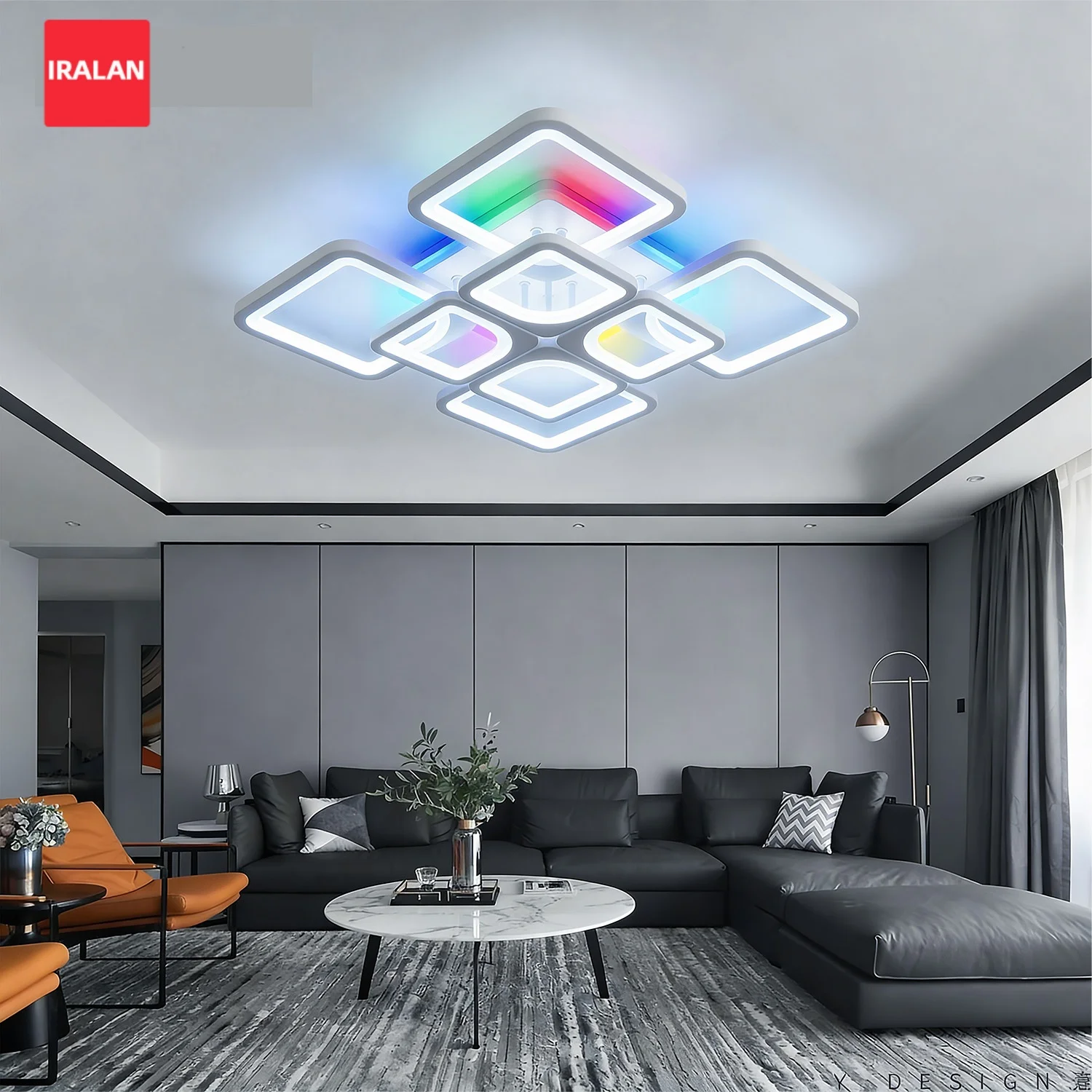 IRALAN RGB Modern Ceiling Chandelier Square Remote Control Dimmable and RGB Lustre Ceiling Lamp for Living Room Kitchen Light