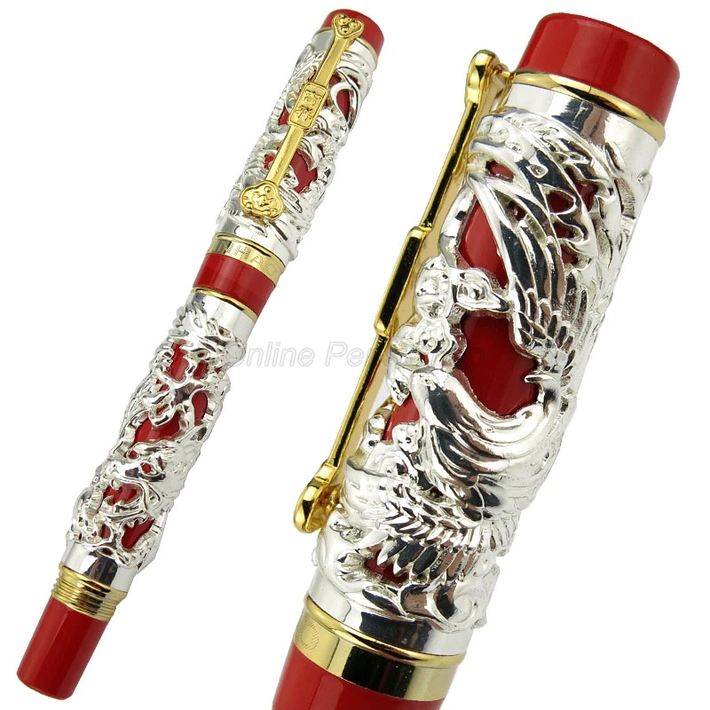 Jinhao Vintage Red & Silver Dragon And Phoenix Carving Embossing Heavy Roller Ball Pen Professional Office Stationery