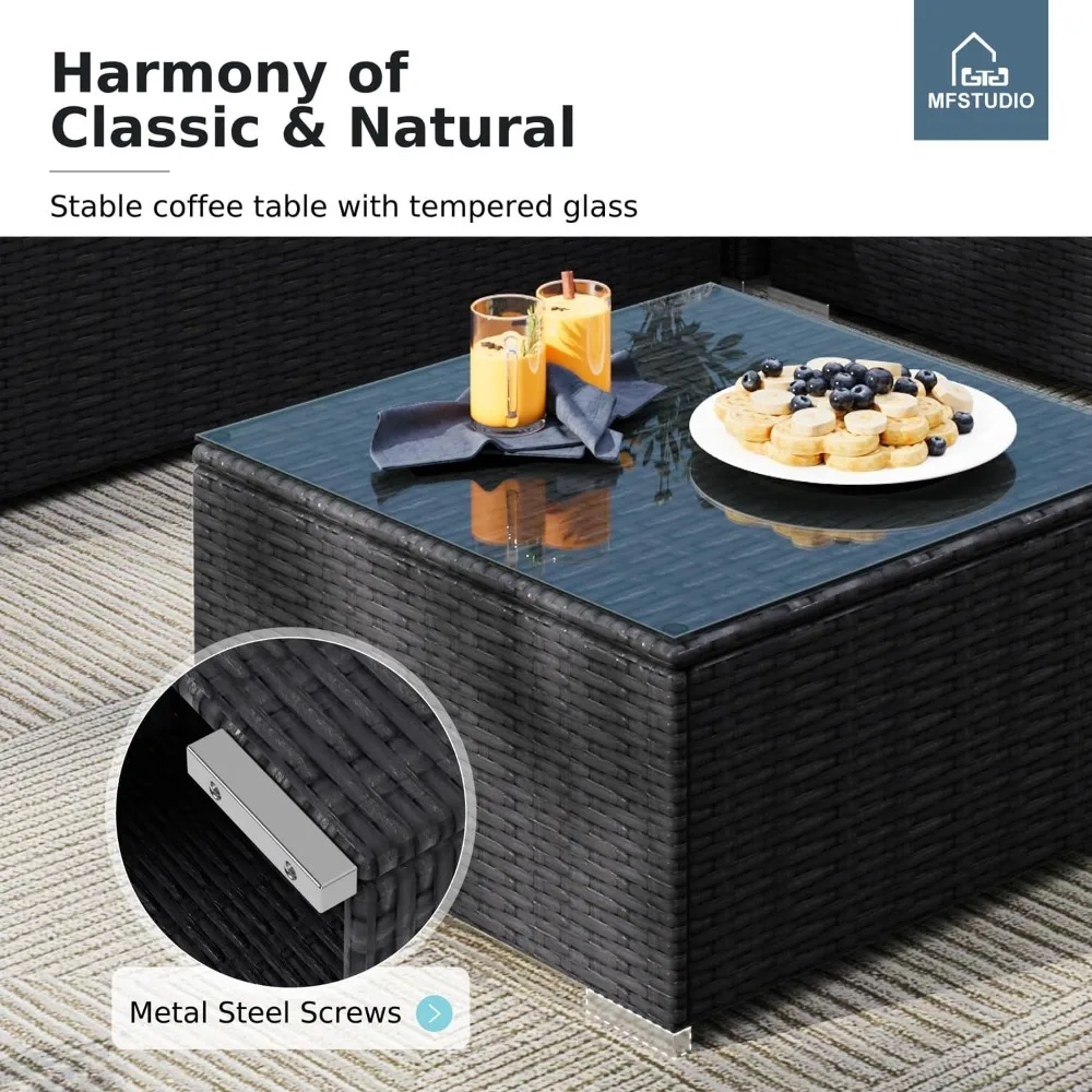 طقم أثاث فناء من الخيزران مكون من 4 قطع، أطقم محادثة خارجية صغيرة على شكل حرف L