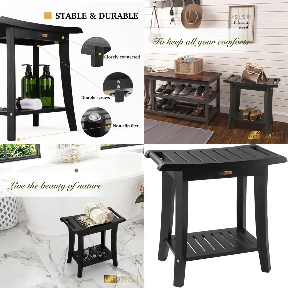 

Black Bamboo Shower Bench with Storage: Spa-Inspired Bath Chair for Multi-Room Use, Ideal for All Ages