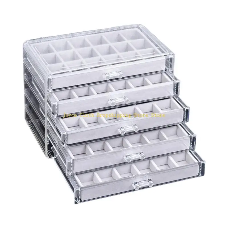Clear 5 Drawer Jewelry Storage Box with Acrylic Outer Shell and Soft Lined Compartments for Display and Sorting 10CD