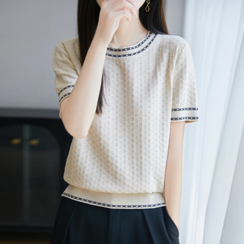 100% Reine Baumwolle Rundhals Damen Kurzarm Sommer Color-Block T-Shirt Dünnes Hochwertiges Strick-Oberteil Halbarm-Pullover