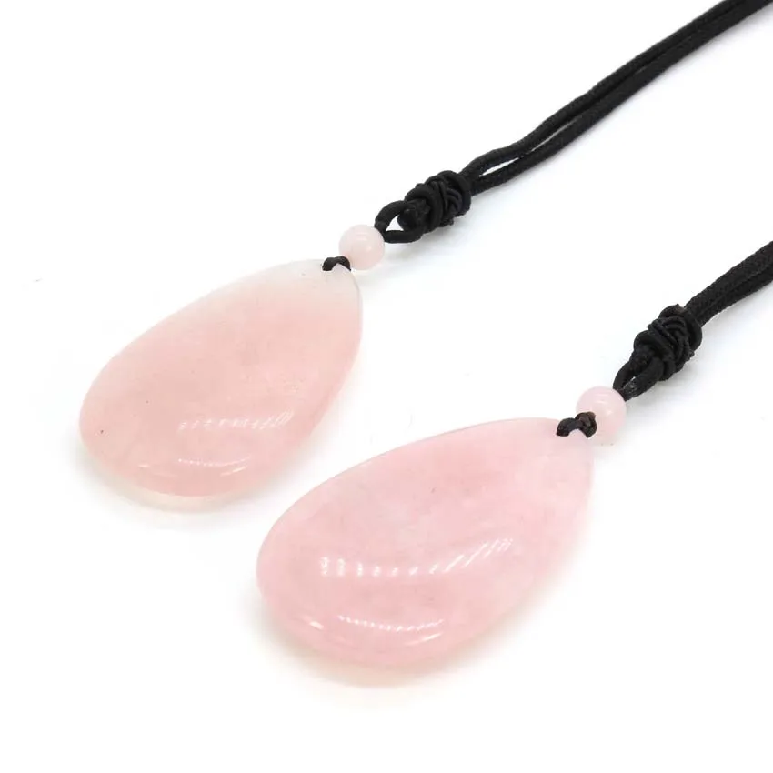 Crystal Teardrop Necklace Natural Rose Pink Quartz Water Drop Stone Pendant Rope Chain Necklace For Women Men Girls Jewelry Gift