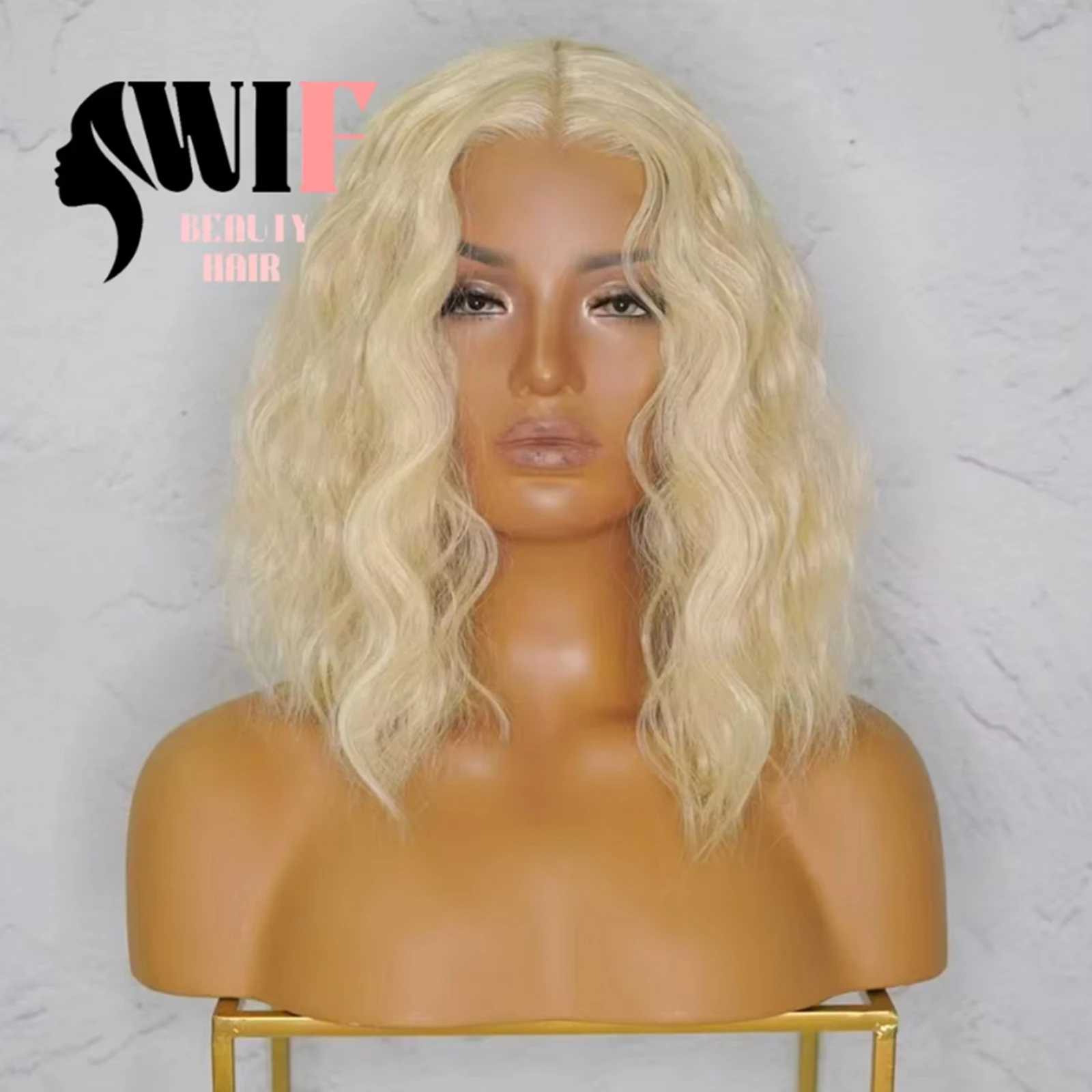 WIF 613 Blonde Bob Wave Synthetic Hair Lace Wig Short Wave Blond Bob Hair Heat Fiber Wigs for Women Daily Makeup Use Golden Hair