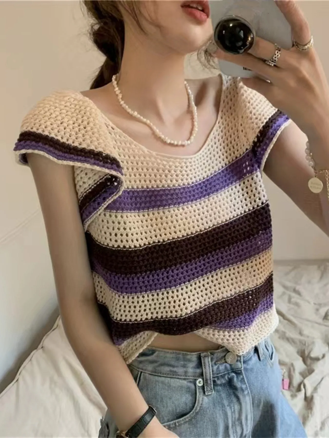 Striped Short-Sleeve Knitted Top Women Summer Thin Hollow Out Knitwear Pullover Design Casual Korean Fashion Chic Crop Top