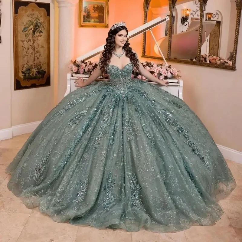 

Blackish Green Shiny Quinceanera Dresses Ball Gown Off The Shoulder Birthday Party Sequined Appliques Lace Beads Tull Sweet 16