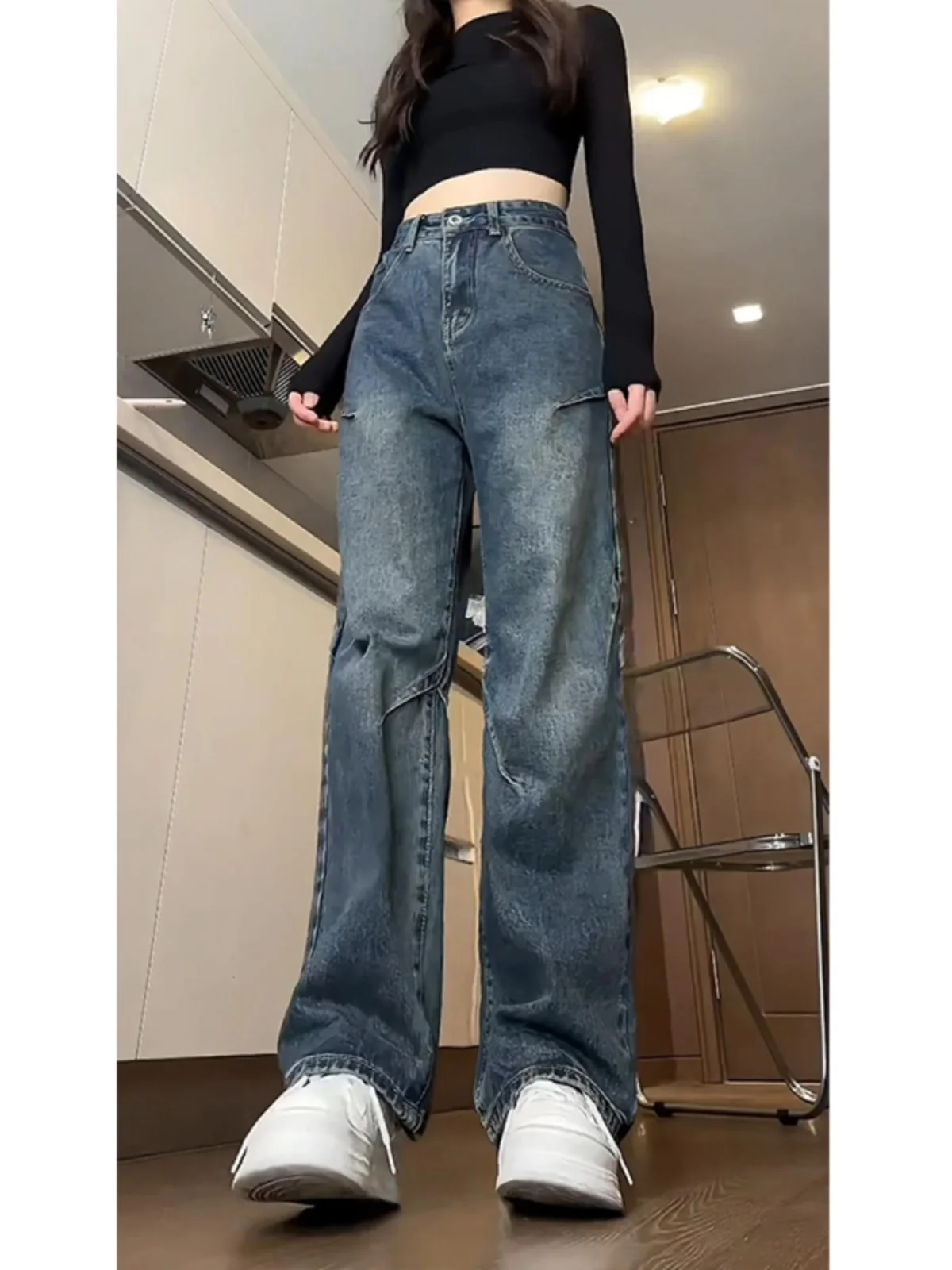 

Американские ретро-джинсы с высокой талией, прямые широкие штанины, мужские, в стиле High Street, модные, молодежные, летние, рабочие брюки