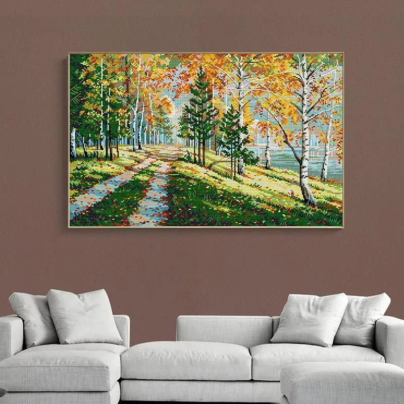 Autumn Woods Landscape Cross Stitch Set 14CT 11CT White Counted Printed Fabric Embroidery Kit DIY Handmade Needlework Hmoe Decor