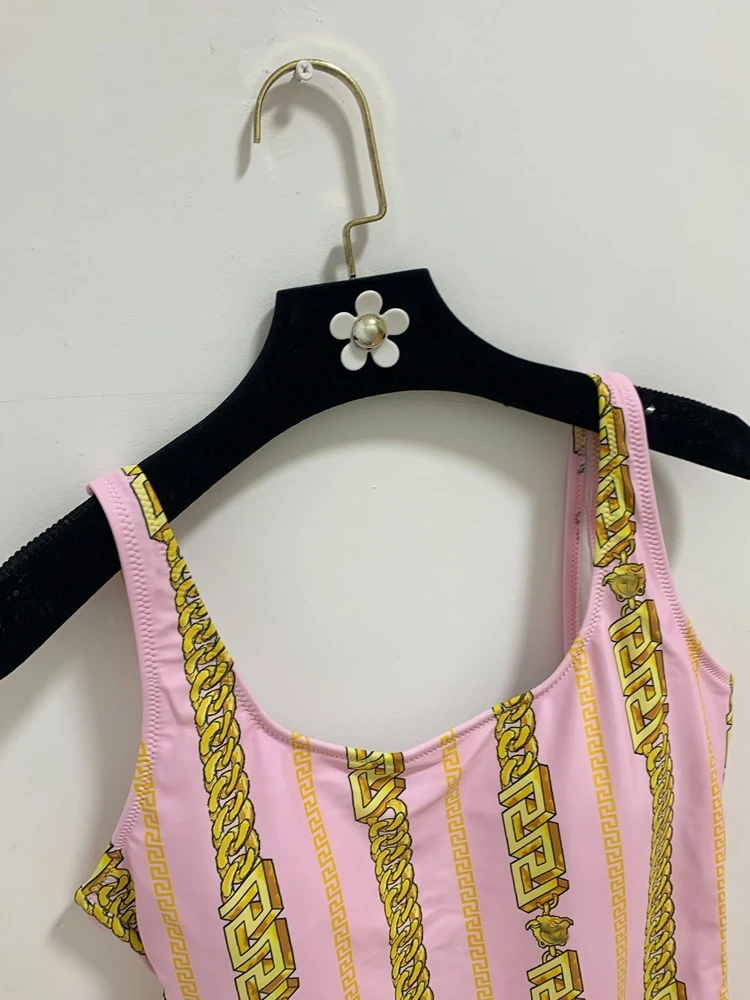 Fashionable Printed Chain Link One-Piece Swimsuit Tight Beach Bikini Hot Springs Vacation Beach Sand Polyester Fiber