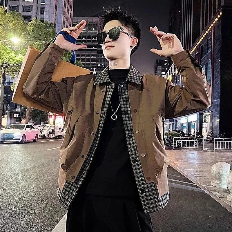 2026 New Men's Korean Style Streetwear Jacket Autumn Casual Turn Down Collar Fake Two Piece Plaid Patchwork Slim Fit Outerwear