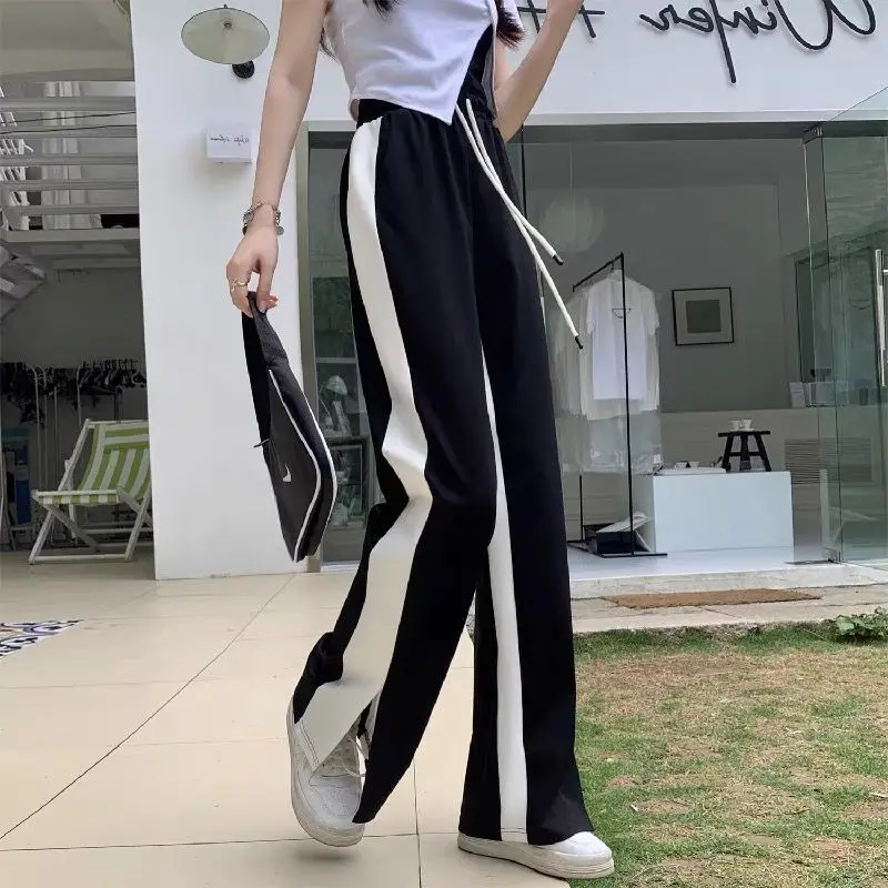 Black Straight Pants for Women's Spring Summer New Elastic Waist Contrast Loose Split Wide Leg Pants Casual Fashion Clothing