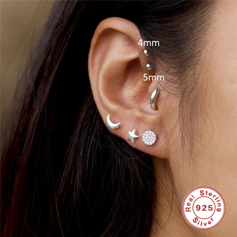 AIDE 2/3/5MM S925 Silver Labret Lip Cartilage Tragus Zircon Stud Earring Woman Piercing Earring Brinco Femme Jewelry Gift 1pcs