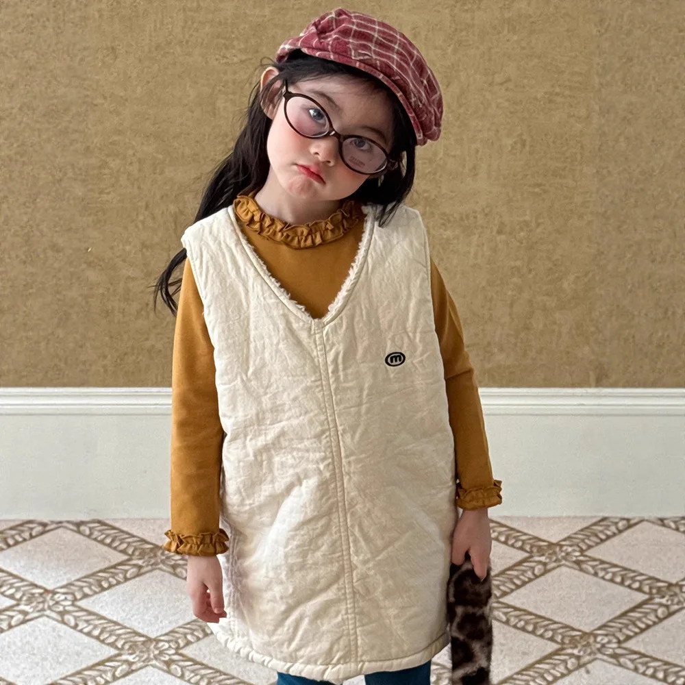 2025-outono-inverno-novas-meninas-colete-de-la-de-cordeiro-vestido-meninas-quente-vestido-casual-versatil-solido-criancas-roupas