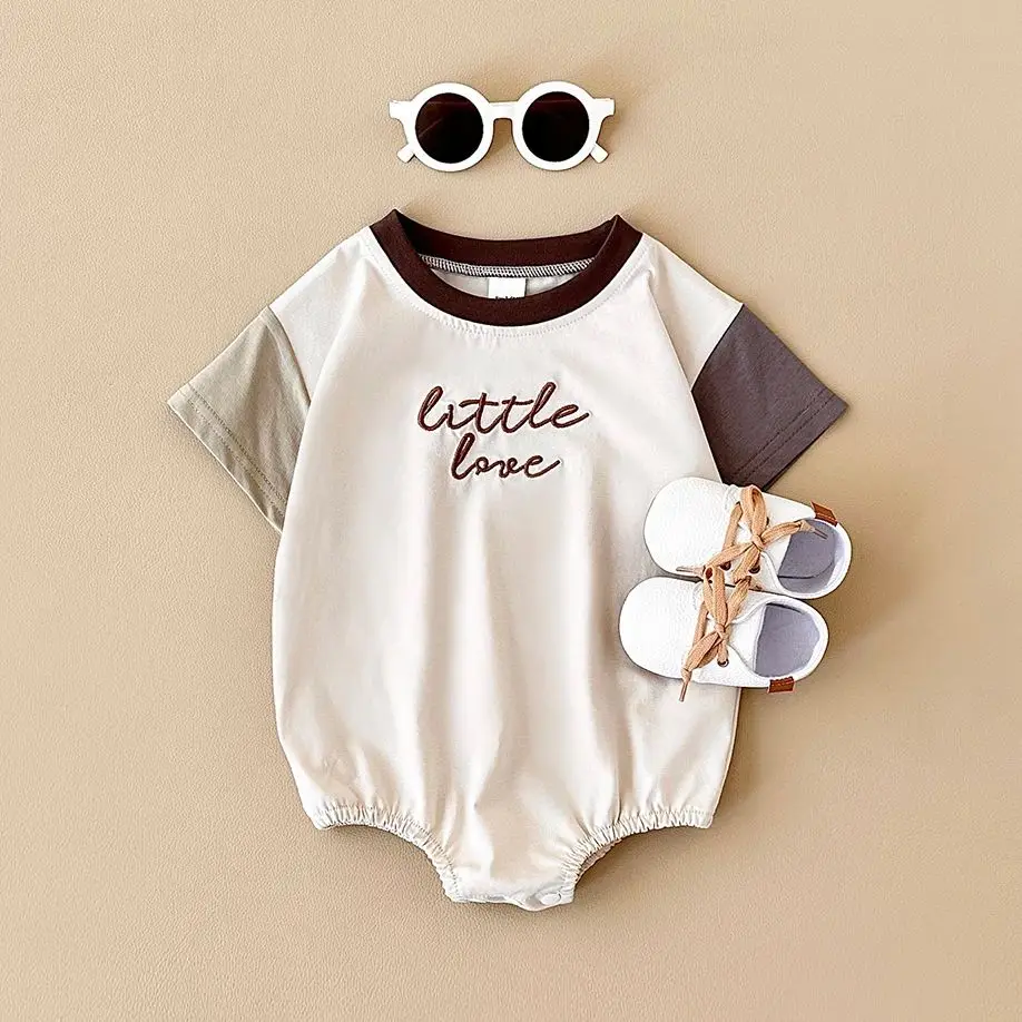 Newborn Baby Girl Romper Casual Letter Embroidery Button Jumpsuit Short Sleeve Infant Clothes Summer Baby Boys Clothes Bodysuit