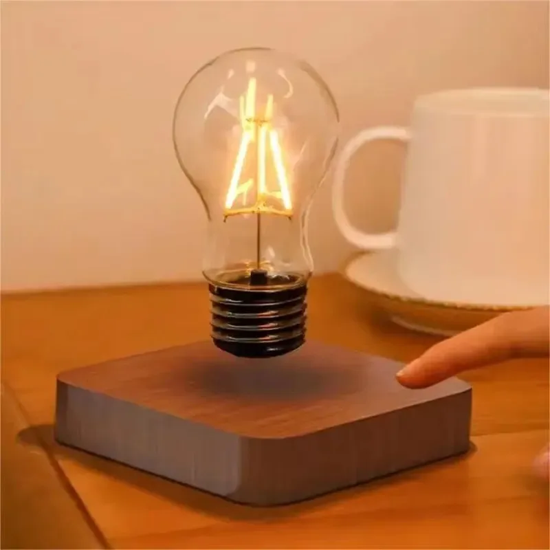 New Design Maglev Bulb Rotatable Decorative Atmosphere Night Light Wooden Base Bedroom Bedside Table