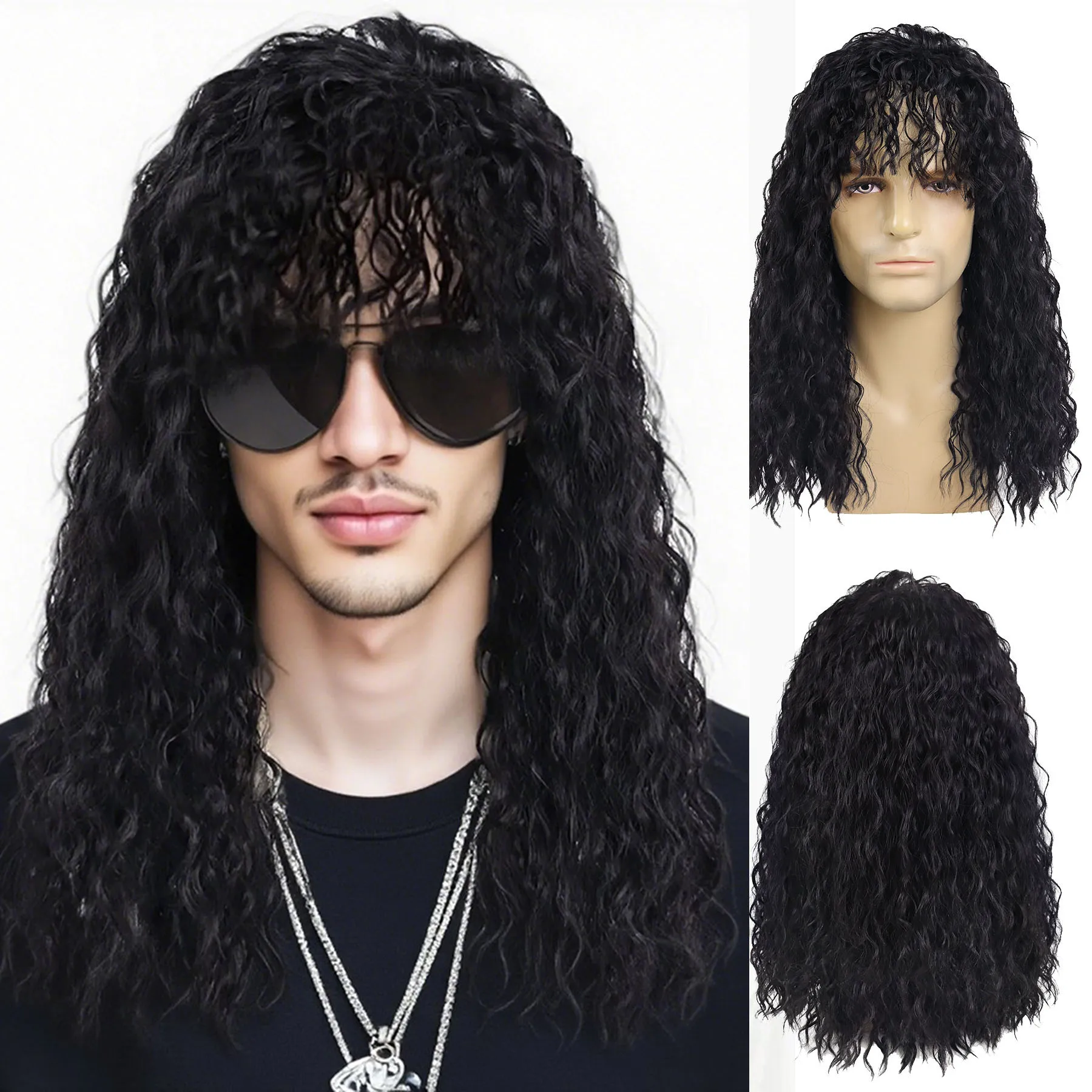 

Synthetic Men Wigs Natural Curly Black Color Male Wig with Bangs 20 Inch Long Water Wave Daily Cosplay Cool Man Fluffy Hair Wig