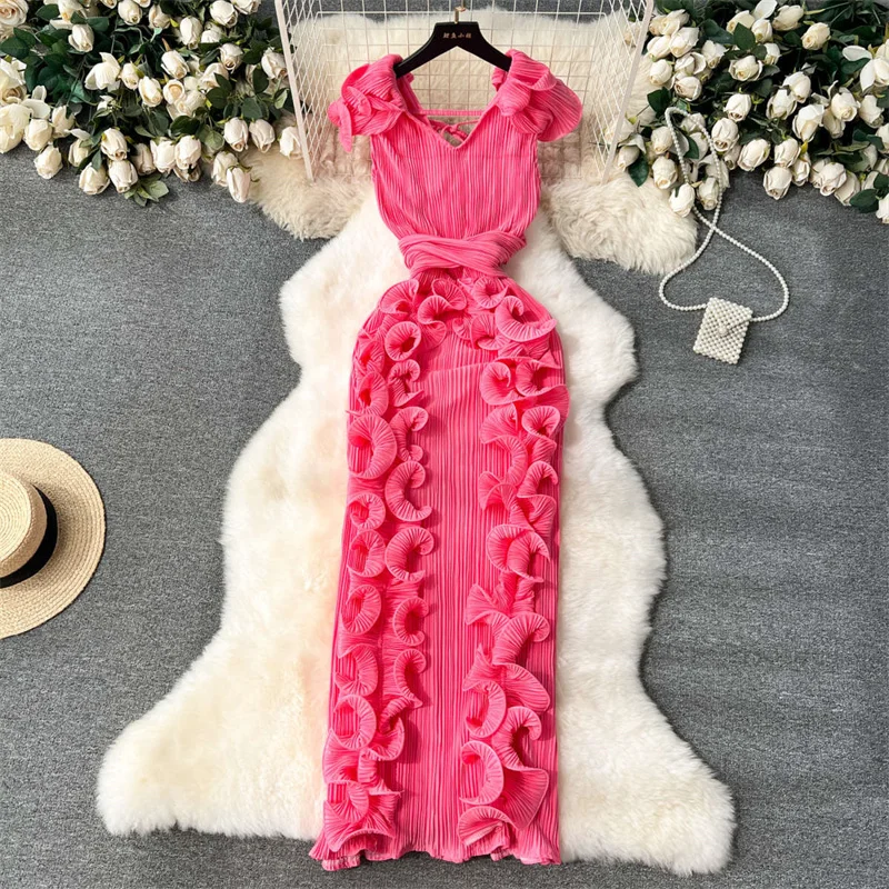 Ruffles Sleeveless Maxi Dress Women Solid O Neck Elastic Waist Fashion 2024 Ladies Summer Slim Evening Dresses