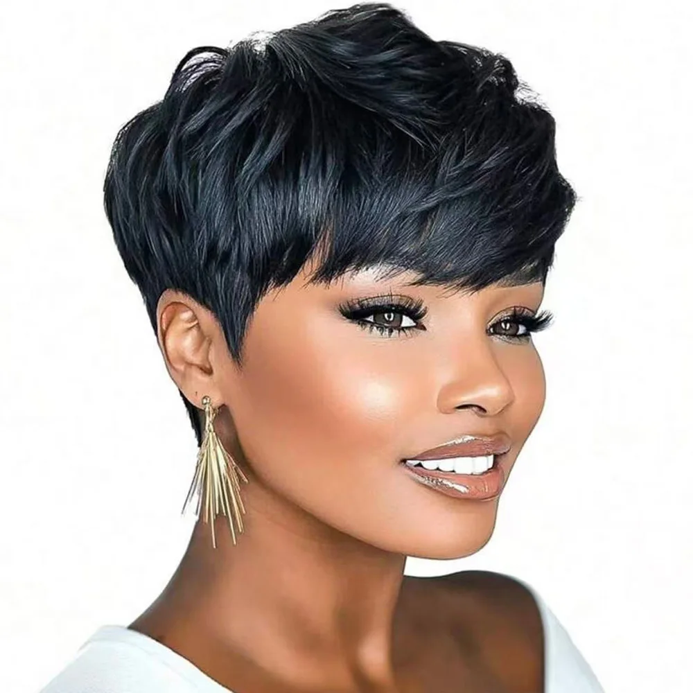 

Короткие многослойные прямые парики-пикси из натуральных человеческих волос для женщин, 150% плотность, бразильские волосы Реми, машинная работа