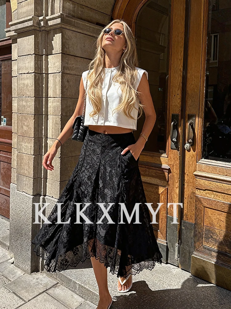 Women Sexy Lace Splice Skirts 2025 Women Summer New Fashion Lace Asymmetric Hem Skirts Women Elegant High Waist Skirts