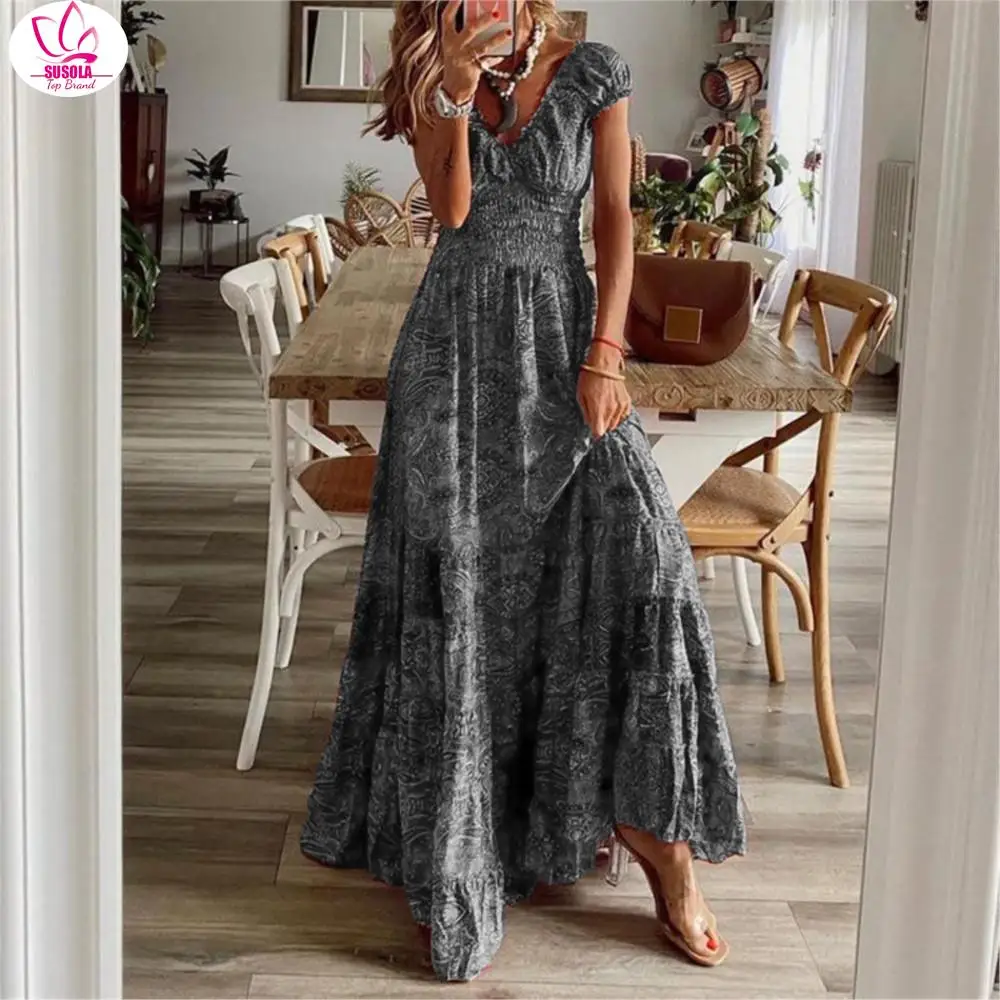 SUSOLA Summer Vintage Long Dresses Women Bohemian Elegant Floral Print V Neck Robe Beach Holiday Casual Big Swing Maxi Dresses