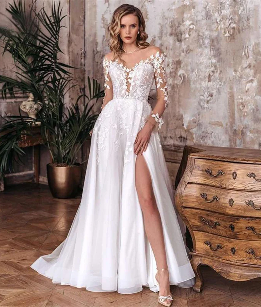 

Customized Sexy Organza A-Line Appliques Evening Dress High Quality Long Sleeves Floor Length O-neck Bespoke Occasion Gowns