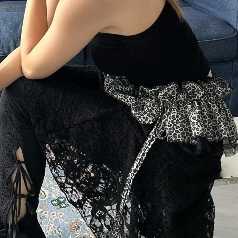 HX6F Leopard Print Ruffle Mini Skirt with Adjustable Drawstring Waist Layered Skirt