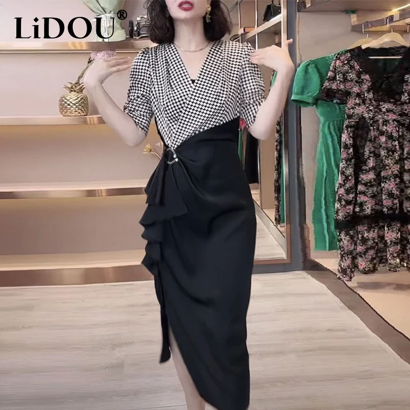 

Summer Elegant Fashion Houndstooth Printing Patchwork Bodycon Dress Female Vintage Short Sleeve Folds Waist Robe Evening Vestido