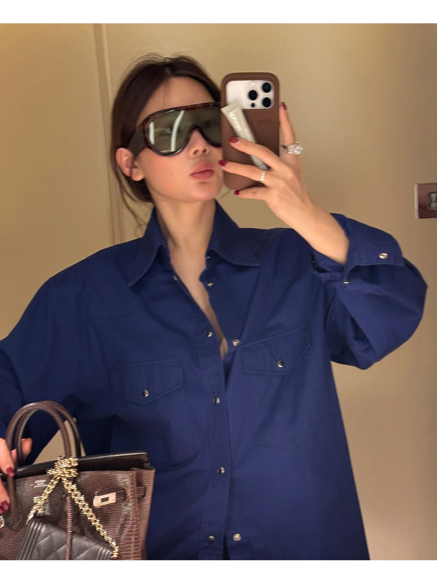 

WXLSTUDIO Walden Lake 100% хлопковая синяя женская рубашка с длинным рукавом, весна 2026, для повседневной носки, премиум-класса