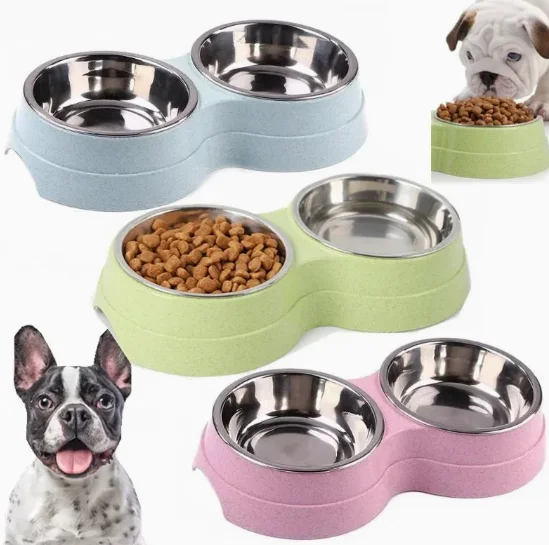 Healthy Safe Pet Double Bowl Feeding Set Colorful Wheat Straw Base Stainless Steel Liner Cat Dog Drinking Feeding Bowl Tableware