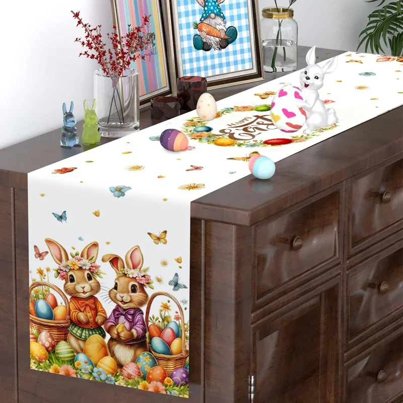 Vintage Easter Bunny Table Runner Polyester Rabbit Eggs Flower Table Cover Easter Decoration For Home Kitchen Dining Table Decor
