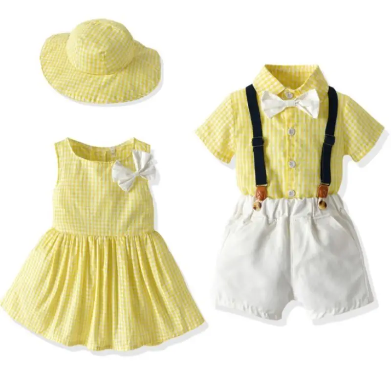 Family Clothes for Sister and Brother~Summer Bow Boy and Girls' Short Sleeve Checkered Shirt Strap Shorts Two Piece Set3352