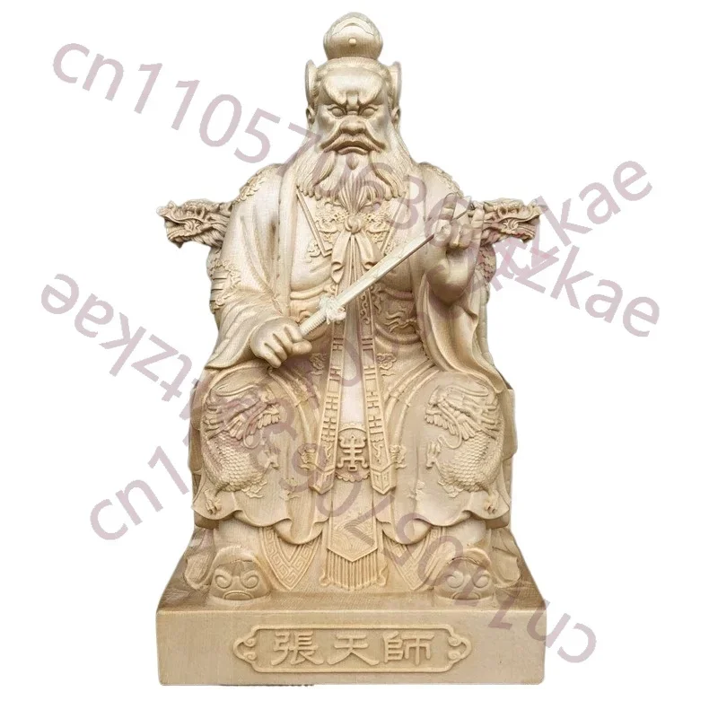 Hand Carved Wooden Zhang Tianshi Statue Figurine - Taoist Master Zhang Daoling Ornament Home Temple Altar Decor Gift