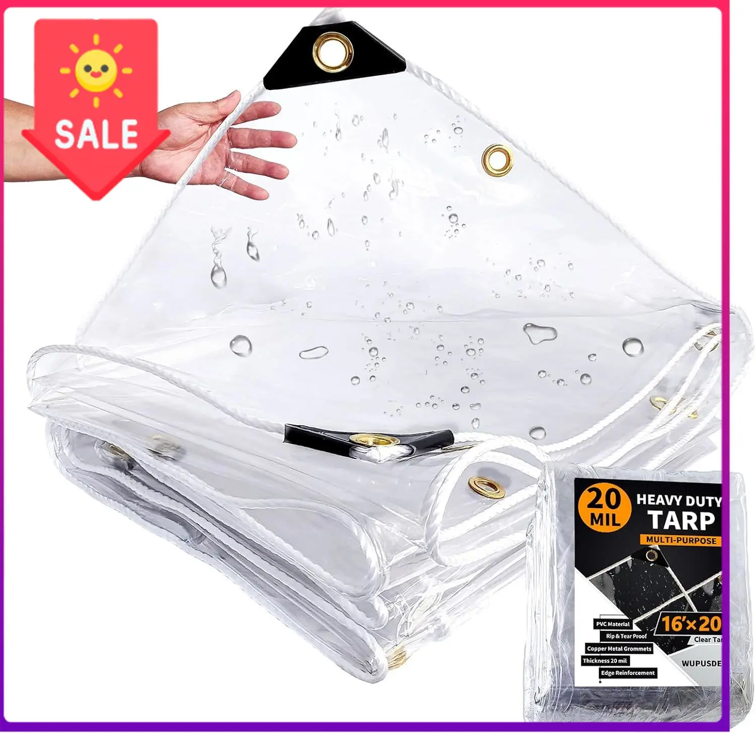 16 x 20ft, Clear Tarp with Grommets, 20 Mil, Vinyl Tarpaulin Heavy Duty Waterproof, Reinforced Edges, Outdoor Greenhouse