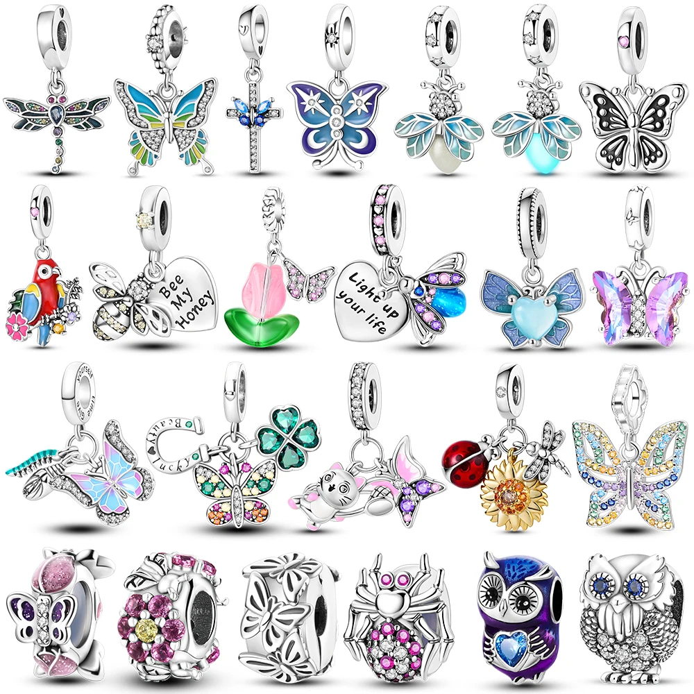 Insect Bird Collection Silver Plated Charms Fit Bangle Butterfly Bee Beads Pendent Dangle Bracelet DIY Jewelry