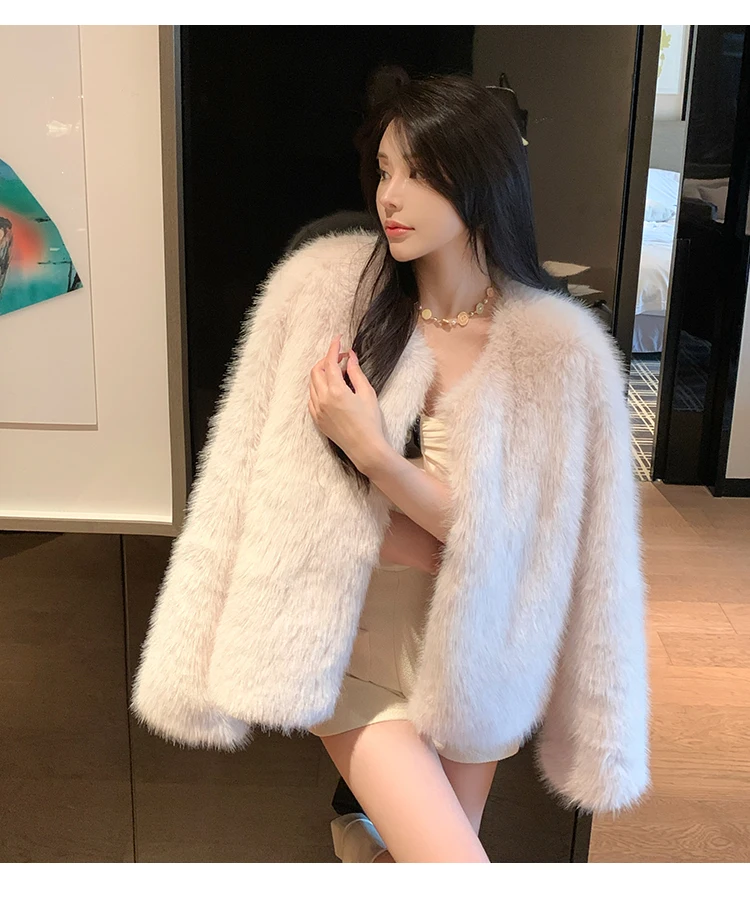 ZAROY 2027 Winter Faux Fox Fur Coat Chic Women Brown Luxury Fluffy Soft Warm Fur Jacket Fashion Colarless Cardigan Fur Outerwer