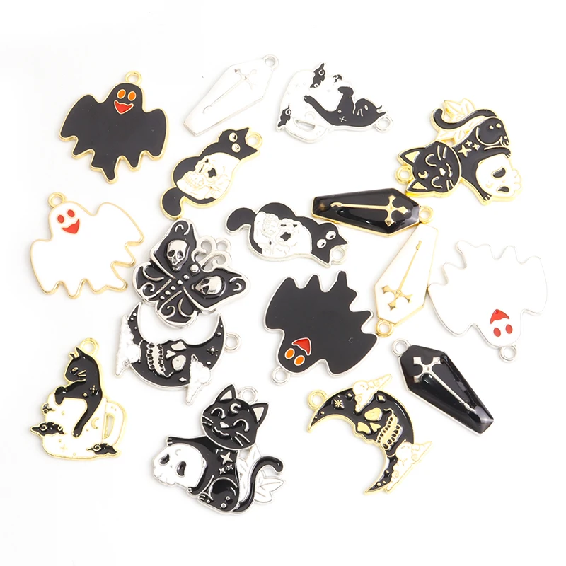 10pcs Halloween Theme Punk Style Enamel Charms Ghost Black Cat Skull Cross Tombstone Neo-Gothic Personality Jewelry Findings