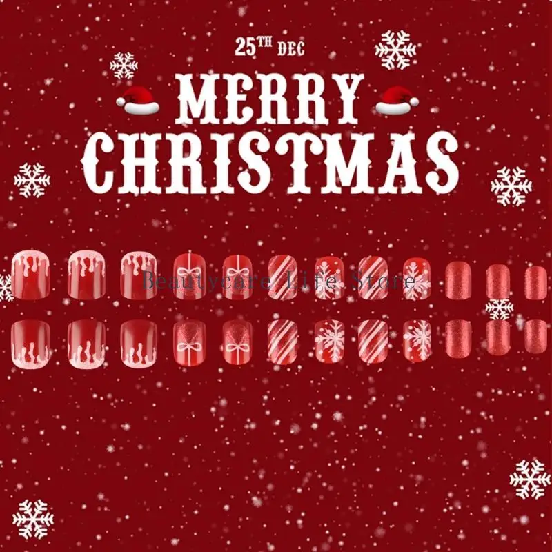 652C Holiday Glitters Press On Pack of 24 Red Snowflake Art Short Square Tips Safe ABS Build for Christmas Celebration