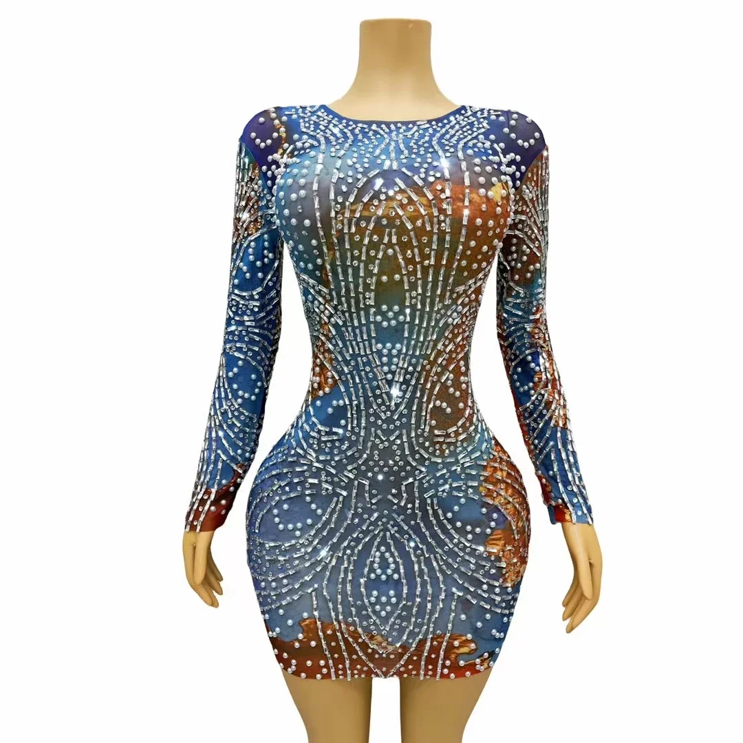 Fashion New Arrival Rhinestone Bodycon Multicolor Dress Women Evening Party Dinner Dress Lady Elegant Celebrity Dress Stage Wear